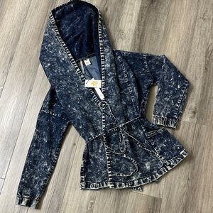 Acid Wash Hooded Denim Jacket with Tie Belt - Navy